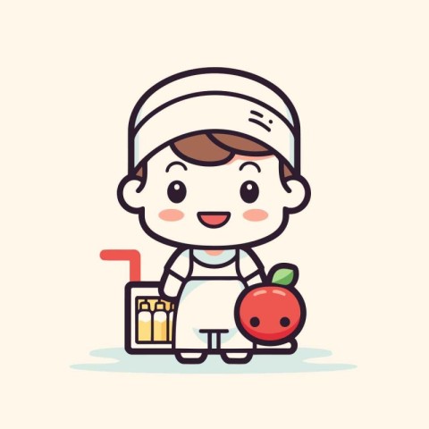 Cute chef with apple and juice. Cute cartoon vector illustration