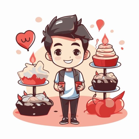 Cute boy with cupcake. Vector illustration in cartoon style.