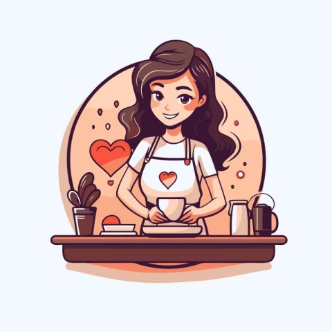 Cute girl cooking in the kitchen. Vector illustration in cartoon