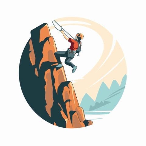 Rock climber man climbing on a cliff. Flat vector illustration.