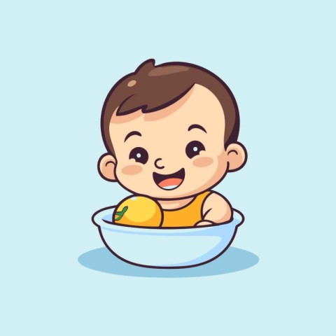 Cute little baby boy sitting in a bowl with fruits. Vector illus