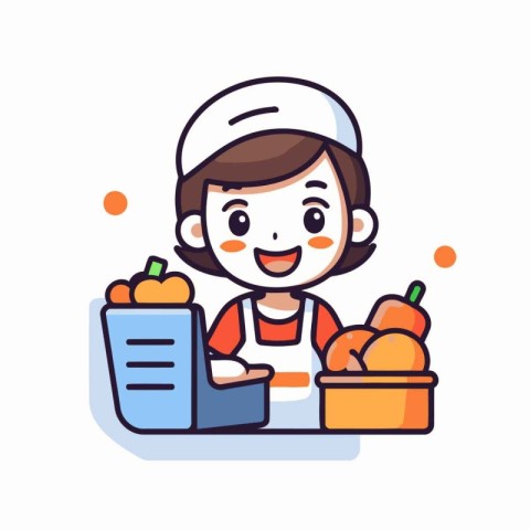 Cute little girl in apron with shopping basket. Vector illustrat