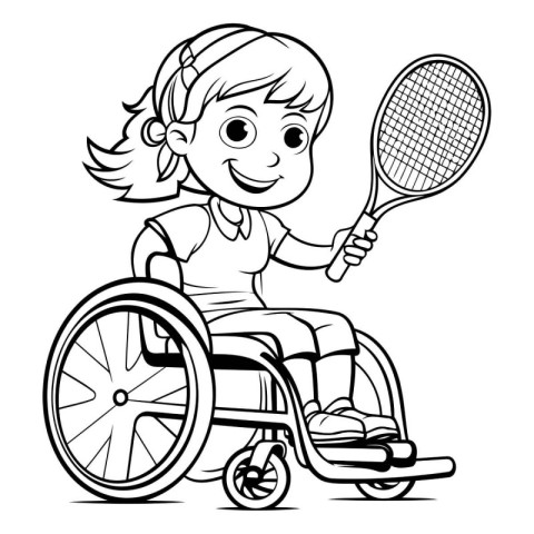 Black and White Cartoon Illustration of Girl Playing Tennis on W