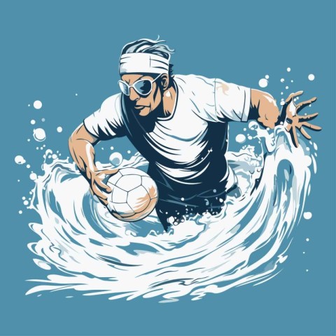 Soccer player with ball on the wave. Vector illustration in retr