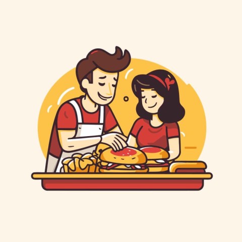 Couple cooking pizza. Vector illustration in cartoon style. Man