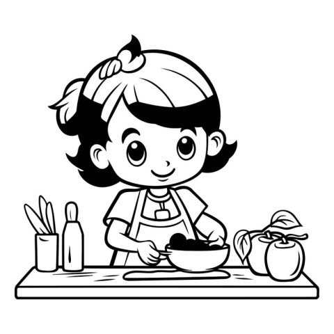 Black and White Cartoon Illustration of Cute Little Girl Cooking