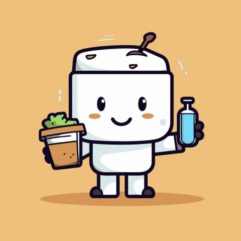 Vector illustration of a cute cartoon robot character holding a