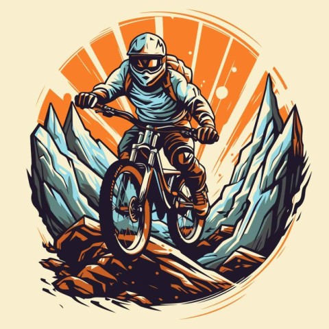 Mountain biker riding in the mountains. Vector illustration in r