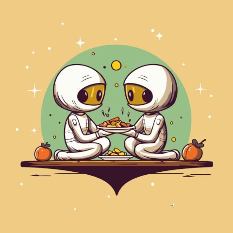 Couple of lovers sitting at the table and eating. Vector illustr