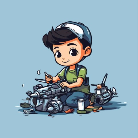 Vector illustration of a boy repairing a motorbike with a wrench