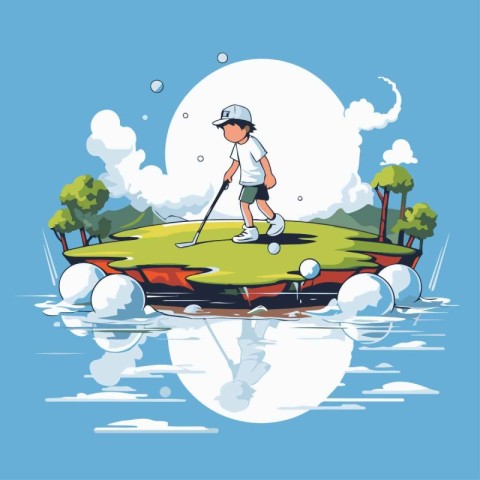 Illustration of a boy playing golf on a golf course. Vector illu