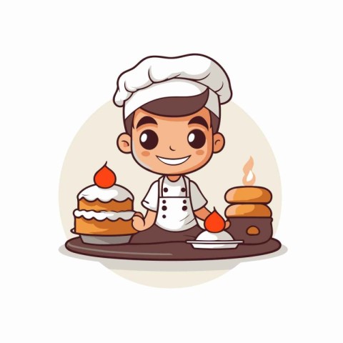 Cute cartoon boy chef with cake and candle. Vector illustration.