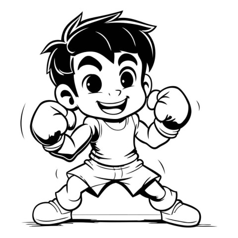 Boxing Kid - Black and White Cartoon Illustration. Vector Art