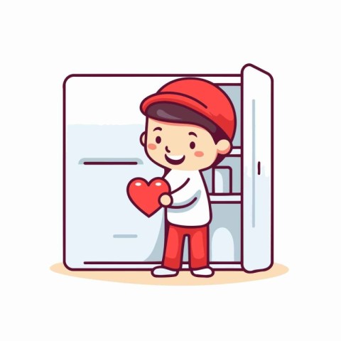 Cute little boy opening fridge and holding red heart. vector ill