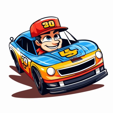 Cartoon character of a man driving a race car. Vector illustrati