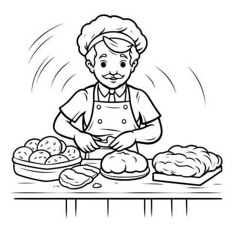 Black and White Cartoon Illustration of Bakery Chef with Baking