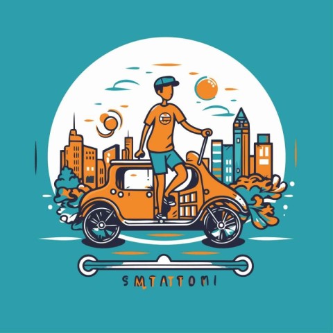 Vector illustration of a man riding a car on the road in the cit