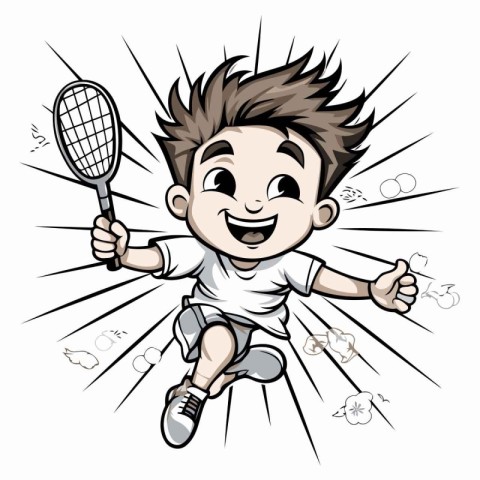 Cartoon boy playing badminton. Vector clip art illustration.