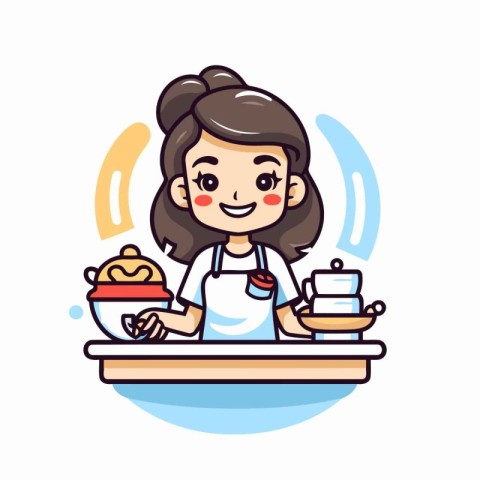 Cute girl cooking in kitchen. Vector illustration. Cartoon style