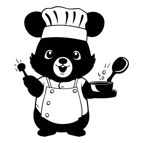 Panda chef with a spoon and ladle. Black and white vector illust