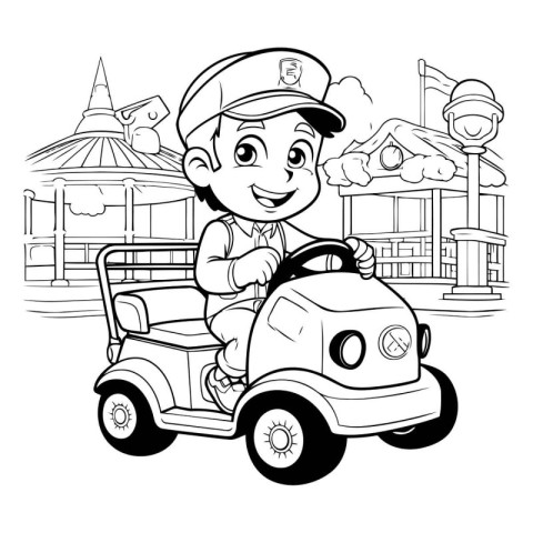 Boy driving a toy car. Black and white vector illustration for c