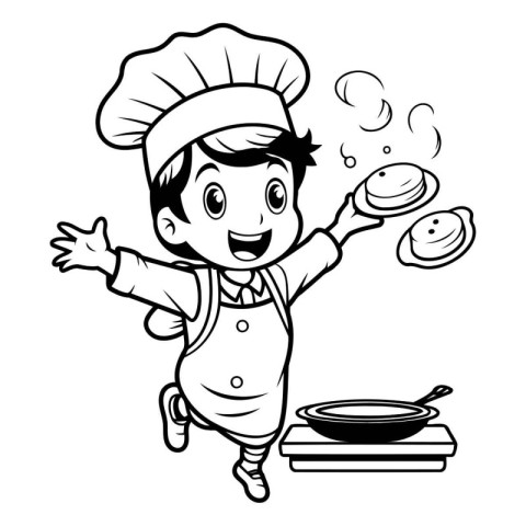 Chef - Black and White Cartoon Illustration of a Little Boy Cook