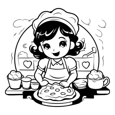 Black and White Cartoon Illustration of Cute Little Girl Cooking