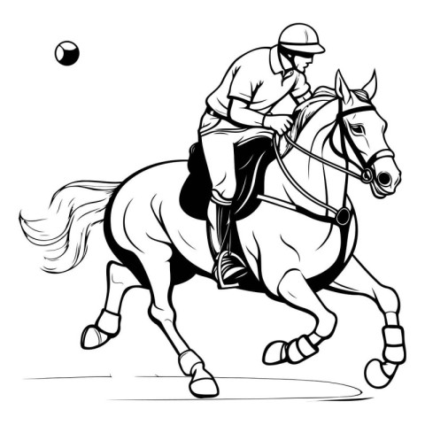 Horse rider with ball - black and white vector outline illustrat