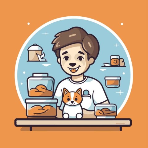 Cute little boy with dog in the pet store. Vector illustration