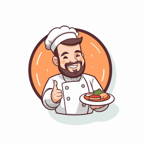 Chef holding steak and showing thumbs up. Vector illustration in