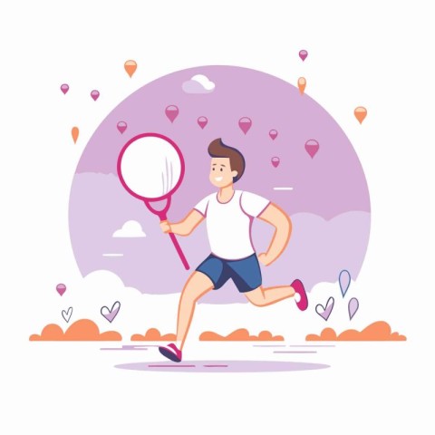 Tennis player running with racket and ball. Flat style vector il