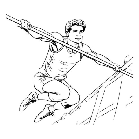 Athletic man jumps over obstacles. Black and white vector illust