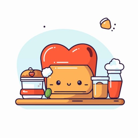 Cute kawaii bread with heart. coffee and cookies. Vector illustr