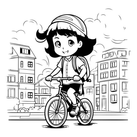 Cute little girl riding a bicycle in the city. Vector illustrati