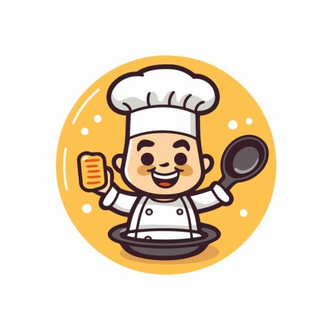 Chef character vector illustration. Cute cartoon chef with fryin