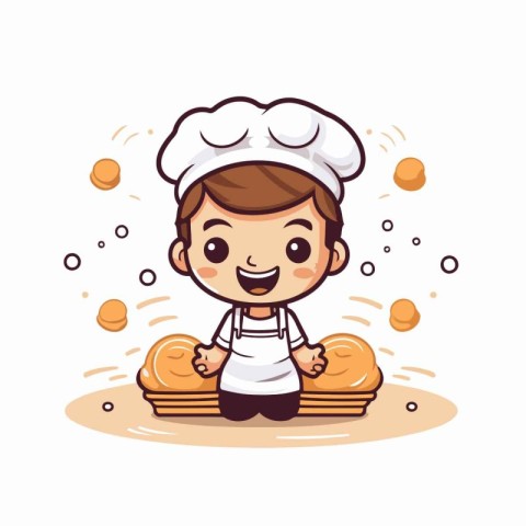 Cute little chef boy with bread cartoon vector illustration grap