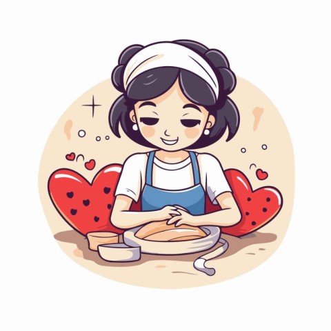 Girl baking in the shape of a heart. Vector illustration in cart