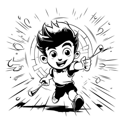 Cartoon boy playing golf. Vector illustration in black and white