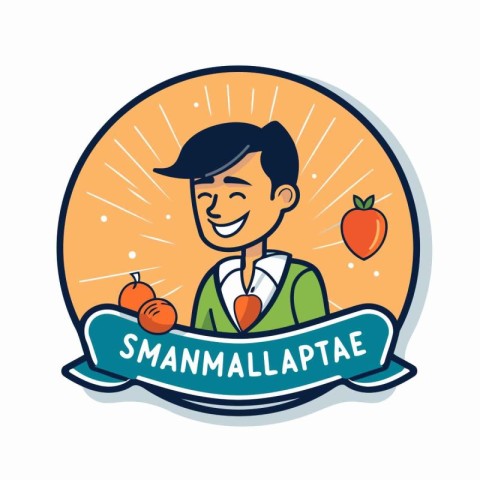 Smiling man with fresh fruits and vegetables. Vector illustratio