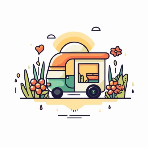 Camping trailer with flowers and sun in flat line style. Vector