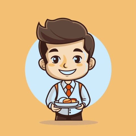 Smiling waiter holding a tray of food. Vector cartoon character