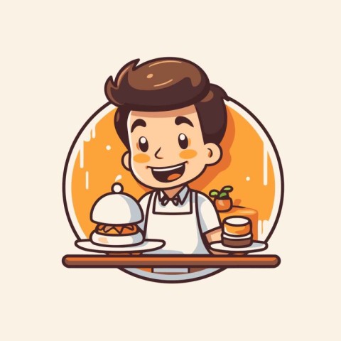 Illustration of a man in a restaurant serving food. Vector illus