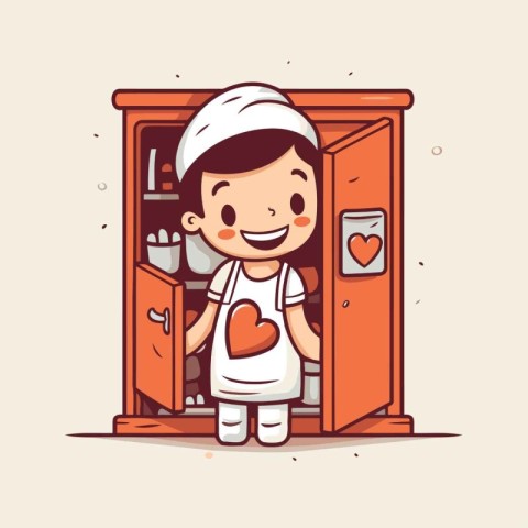 Cartoon chef standing in front of the fridge. Vector illustratio