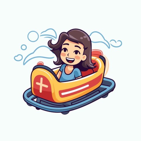 Cute little girl riding on a bumper car. Vector illustration.