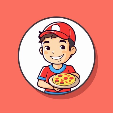 Cute boy holding pizza in hands. Vector illustration in cartoon