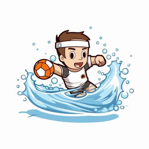 Soccer player jumping into the water with a ball. Vector illustr