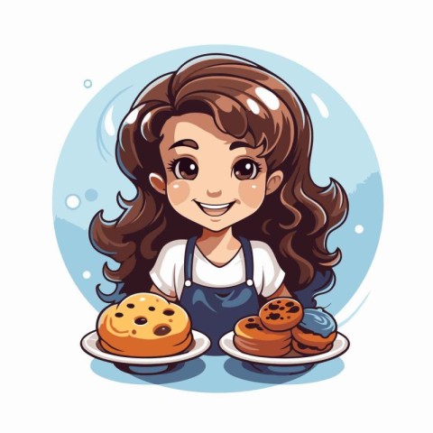 Cute little girl with a plate of cookies. Vector illustration.