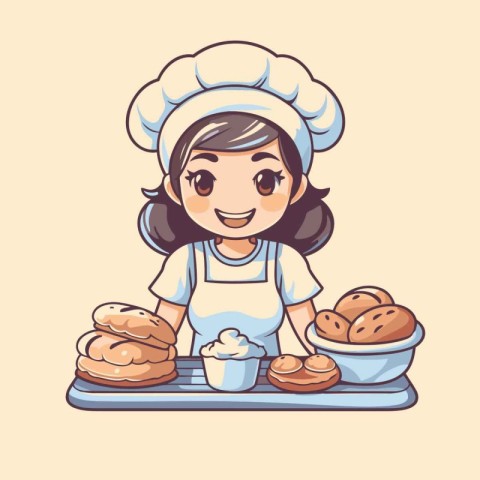 Cute little girl baking buns. Vector illustration in cartoon sty