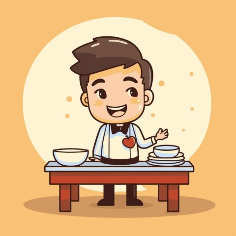 cute boy waiter serving food cartoon vector illustration eps 10.