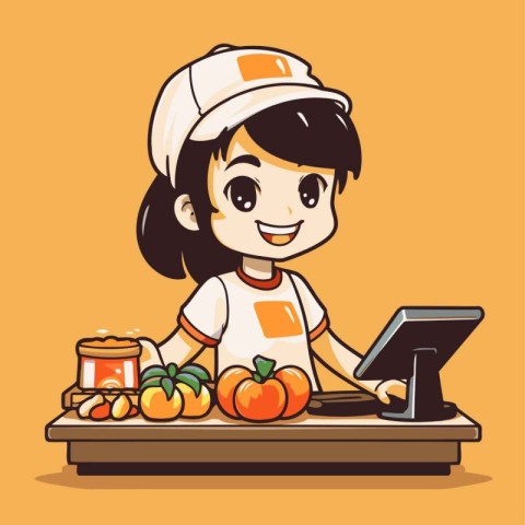 Cute little girl cooking vegetables in the kitchen. Vector illus